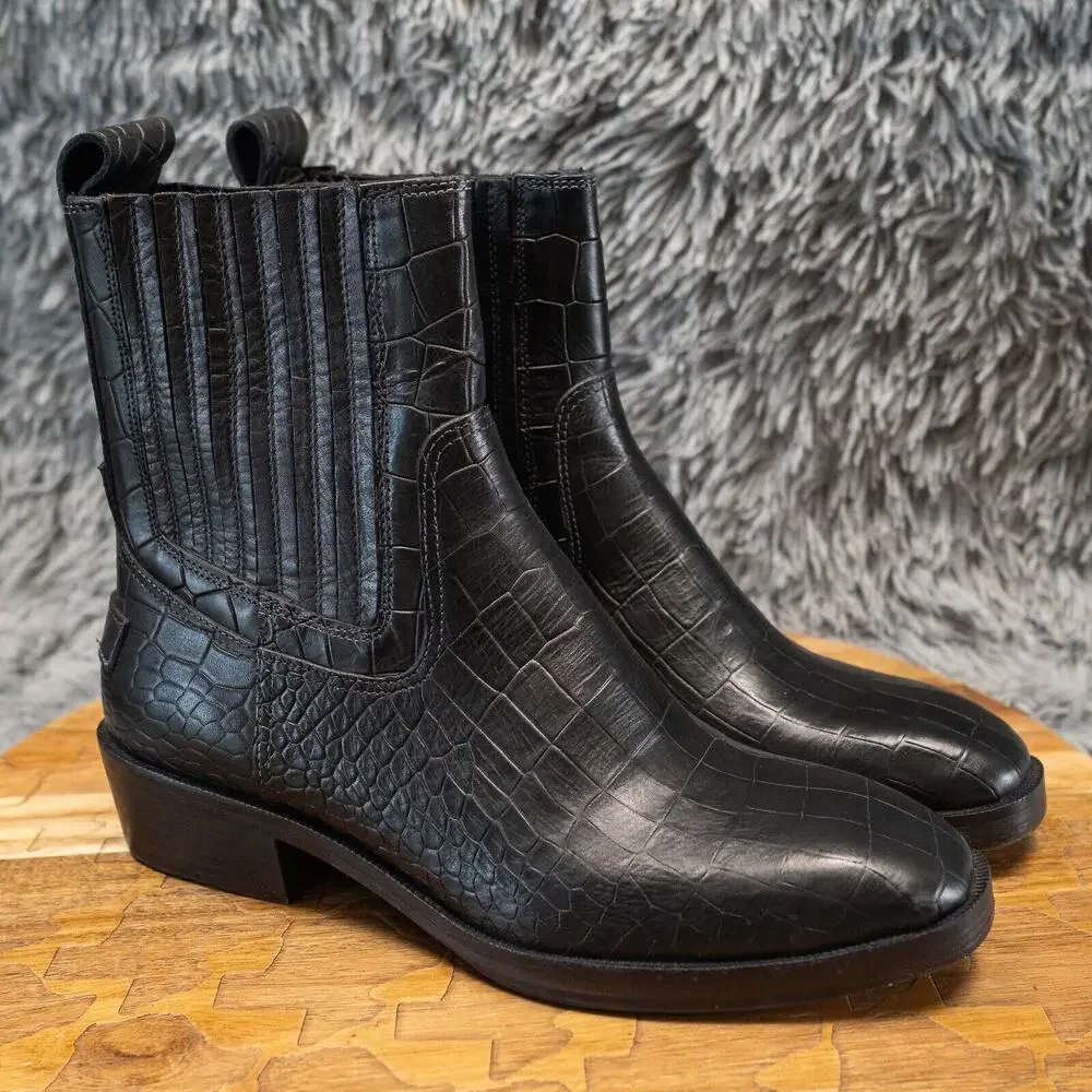 Vintage Foundry‎ Co Main Boot Black Leather Croc Embossed Size 7